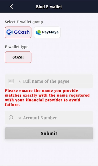 Bind E-wallet form appears, fill in your wallet (GCash or PayMaya).